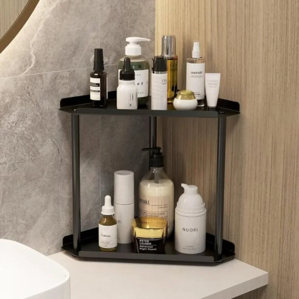 2-Tier Black Bathroom Counter Organizer, Vanity & Kitchen Corner Shelf Storage